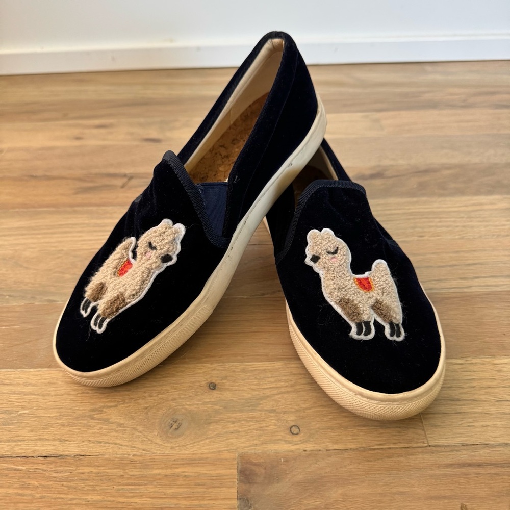 Soludos Navy Velvet Llama Slip-Ons Size 7.5